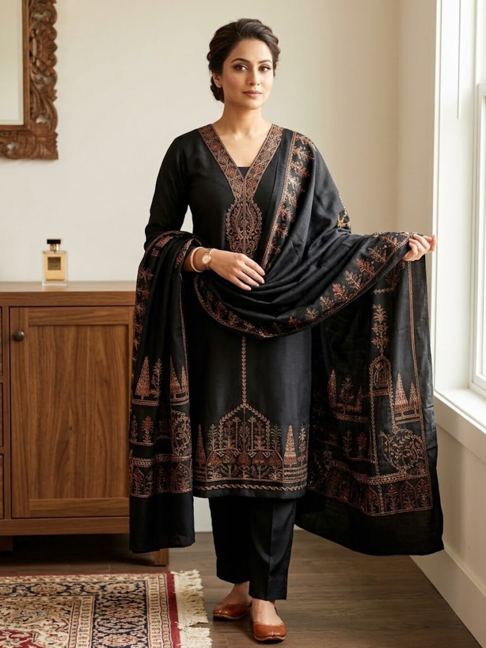 Women's 3-Piece Black Ethnic Suit Set | Copper-Toned V-Neck Kurta, Trousers & St